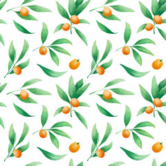 Kumquat Orange Fruit Leaf Watercolor Seamless Pattern in White Background