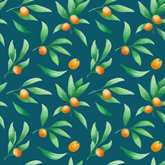 Kumquat Orange Fruit Leaf Watercolor Seamless Pattern in Blue Background