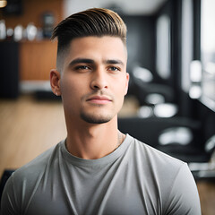 Brunette man with pushed back haircut