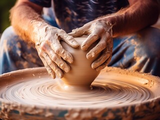 Potter molds a lump of clay into a beautiful vase, his hands skillfully shaping and smoothing the clay, Generative Ai  - obrazy, fototapety, plakaty