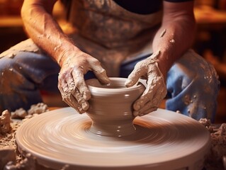 Fototapeta na wymiar Potter molds a lump of clay into a beautiful vase, his hands skillfully shaping and smoothing the clay, Generative Ai 