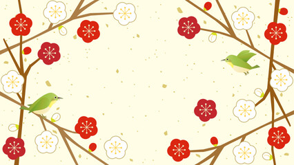 紅梅と白梅の梅の枝フレームと小鳥のイラスト　アスペクト比16：9バージョン