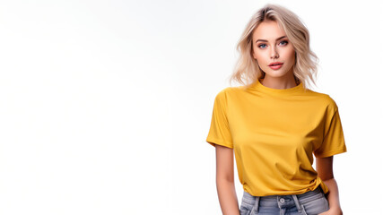 Obraz premium Blonde woman wearing mustard t-shirt isolated on gray background