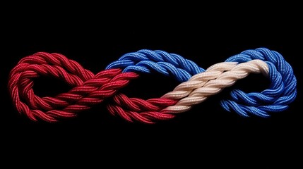 Different colored ropes forming a square knot,Unity and teamwork concept as a business metaphor for joining a partnership as diverse ropes connected together as a corporate symbol for cooperation