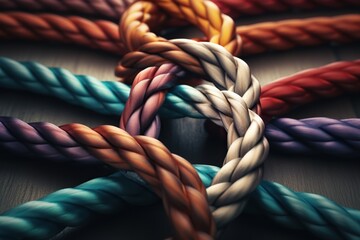 Different colored ropes forming a square knot,Unity and teamwork concept as a business metaphor for joining a partnership as diverse ropes connected together as a corporate symbol for cooperation - obrazy, fototapety, plakaty