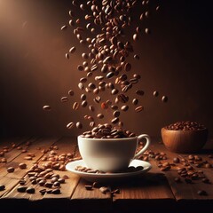 COFFEE BEANS FALLING INTO A CUP, BREAKFAST WITH COFFEE AND BEANS, DELICIOUS COFFEE BEANS FOR A GOOD BREAKFAST