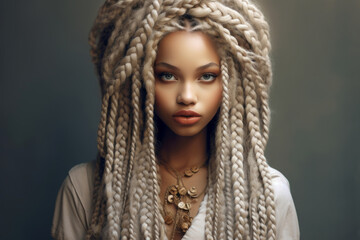 Stylish afro girl with dreadlocks. Intricate blonde braids and an ethnic necklace