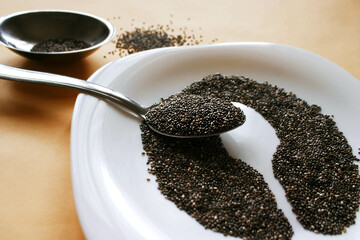Chia seeds spoon with seeds on the white plate.