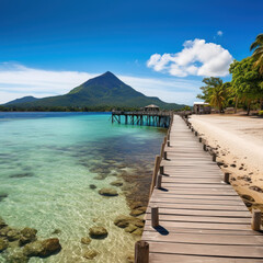 A picturesque Pacific Island beach looking towards 
