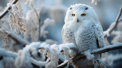 Polar owl sits on tree covered in snow