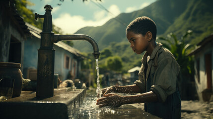 African child delighted with clean water pouring from tap - obrazy, fototapety, plakaty