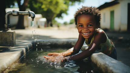 African child delighted with clean water pouring from tap