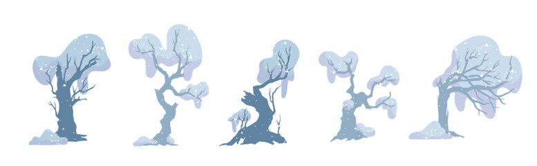 Set of snow-covered winter trees. Vector graphics.