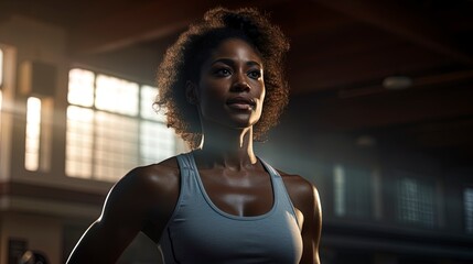 Gym and fitness concept. Strong athletic African American woman wearing sportswear.