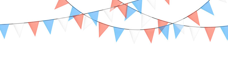 Red and blue bunting garlands with flags made of shredded pieces of fabric. Decorative multicolored party pennants for festival, party celebration.