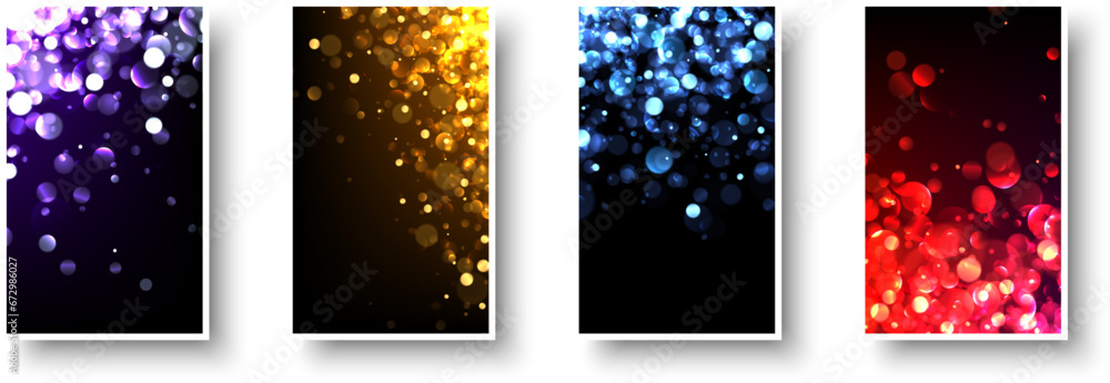 Poster New Year black paper cards with colorful light defocused particles.