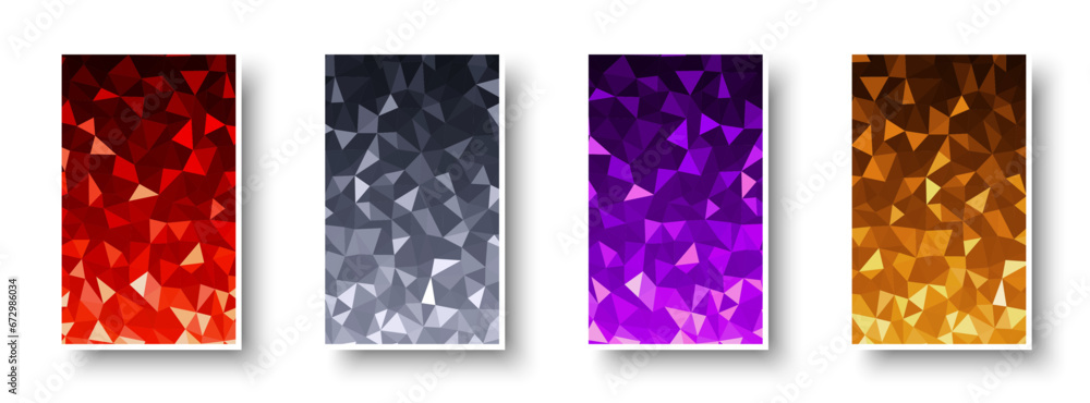 Poster set of paper mockup cards with colorful polygonal backgrounds. made of shiny triangles for invitatio