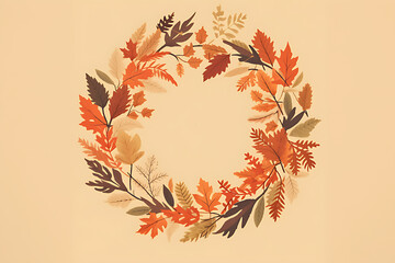 Autumn leaf wreath displayed on beige background, template.
