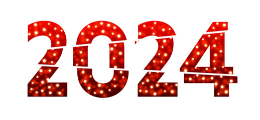 New Year 2024 red lettering with light bulbs on white background.