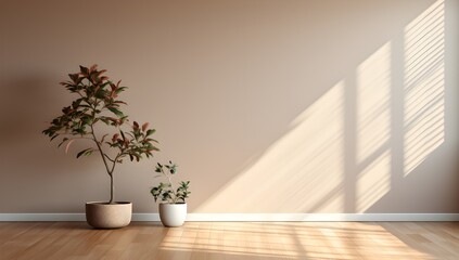 Fototapeta na wymiar Empty room of modern contemporary loft with plants on wooden floor, modern interior design, empty room with empty blank wall with plants and windows shadow 