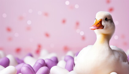 Cute Valentine Animal Pekin Duck Pet on a Pastel Pink and Red Studio Hearts Background -...
