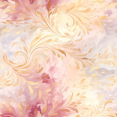 Fototapeta na wymiar Watercolor seamless background, brocade swirls, muted colors, pinks and golds