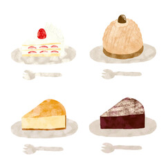 水彩手描き　いろんなケーキのセット　お皿とフォークのセット　テクスチャあり
