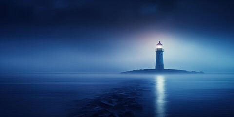 A minimalist lighthouse landscape with a mystical and enchanting mood. The lighthouse is obscured by dense and colorful fog, with a sense of otherworldliness and intrigue - obrazy, fototapety, plakaty