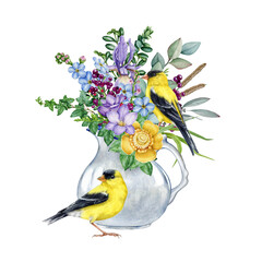 White porcelain retro jug with garden flowers decor. Watercolor illustration. Hand drawn vintage style floral decoration with garden flowers and couple of goldfinch birds. White background