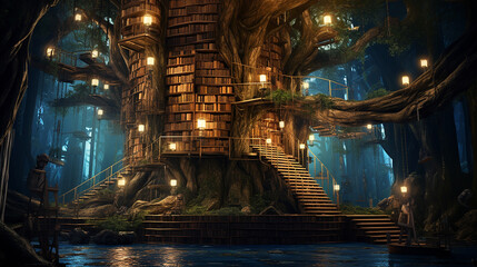 An ancient library carved into a giant tree