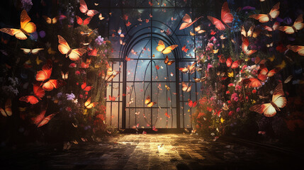 hallway surrounded by flowers with butterflies in the air