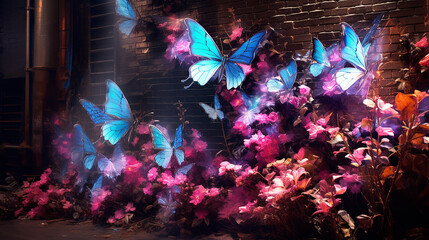 butterflies are flying around a brick wall, in the style of vibrant fantasy landscapes