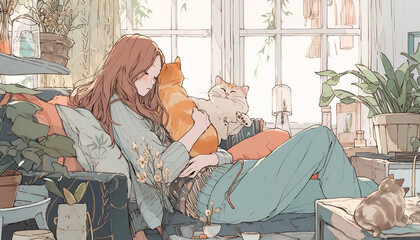 Naklejka na ściany i meble 家で猫とリラックスする女性のイラスト