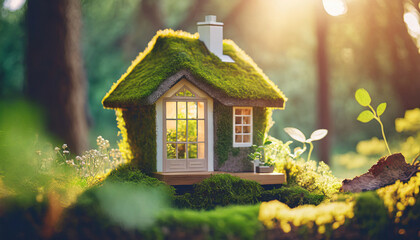 charming eco-friendly mini house nestled in a garden, adorned with windows and a welcoming door, symbolizing sustainable real estate investments blending with the beauty of nature in the warm sunlight
