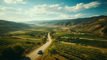 vista aérea de los viñedos con una carretera  - obrazy, fototapety, plakaty