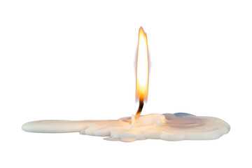 burning candle isolated. little fire with melt wax