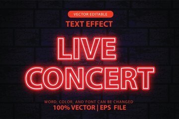 3d editable text live concert effect, effect font with glowing red neon glow style for headlines, logos or promotions at song events, parties and concerts vector template - obrazy, fototapety, plakaty