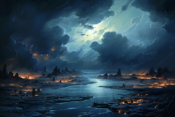 A painting of the sky and the water,  epic fantasy scenes, apocalyptic atmosphere.