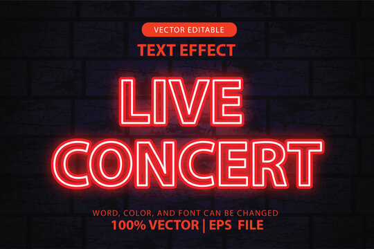 3d editable text live concert effect, effect font with glowing red neon glow style for headlines, logos or promotions at song events, parties and concerts vector template