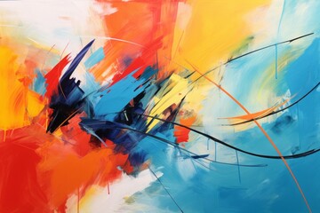 Abstract painting of red, blue and yellow swirls, in the style of energetic and dynamic compositions.