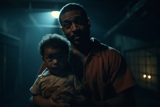 The child is being held in the arms of his father in a prison dark room. 