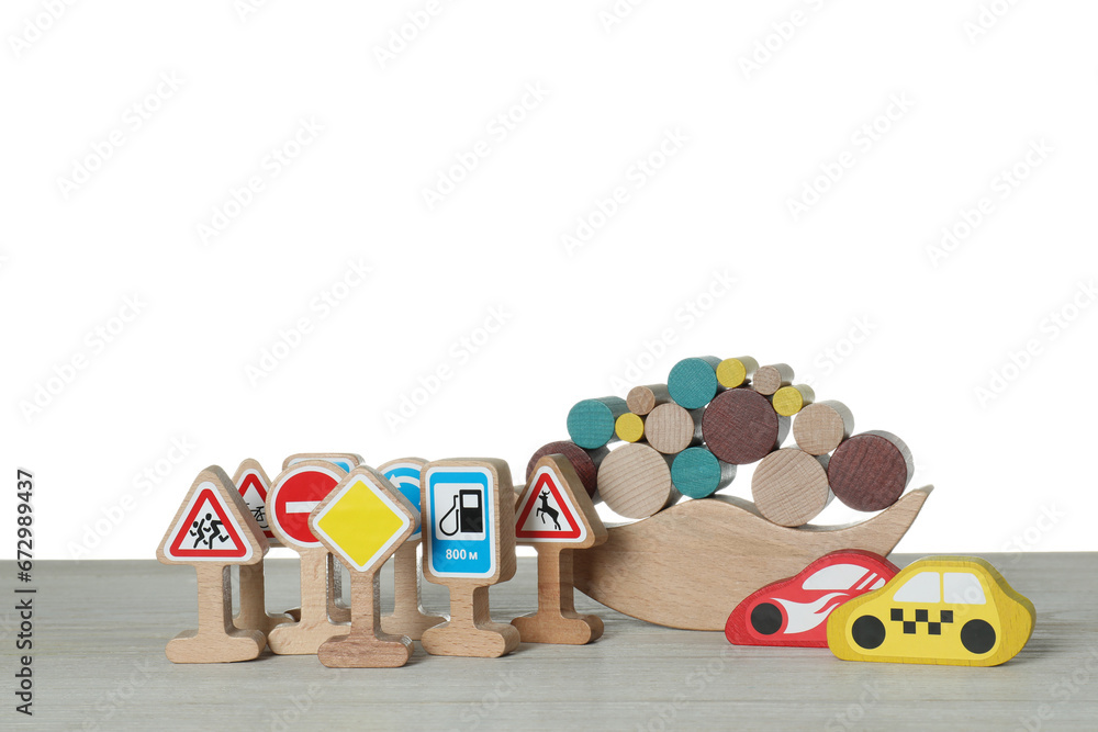 Sticker Different wooden toys isolated on white. Children's development