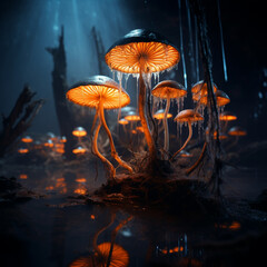 a  forest with mushrooms and lights lit up around