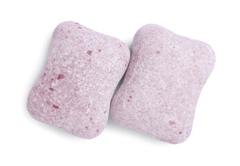 Tasty colorful bubble gums isolated on white, top view