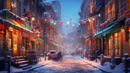 Fototapeta premium A snowy street with colorful Christmas lights.