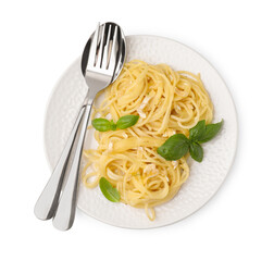 Delicious pasta with brie cheese and basil leaves on white background, top view
