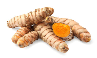 Whole and cut turmeric roots isolated on white