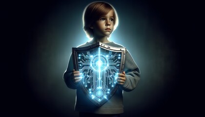 A teenager holds a shield emblazoned with a digital pattern, standing resolute against a storm of binary code. The shield represents a strong defense against the onslaught of cyberbullying.