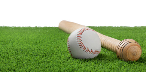 Baseball bat and ball on artificial grass against white background