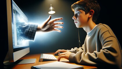 An ambiguous hand extending from the glow of a computer screen, poised to offer either help or harm.